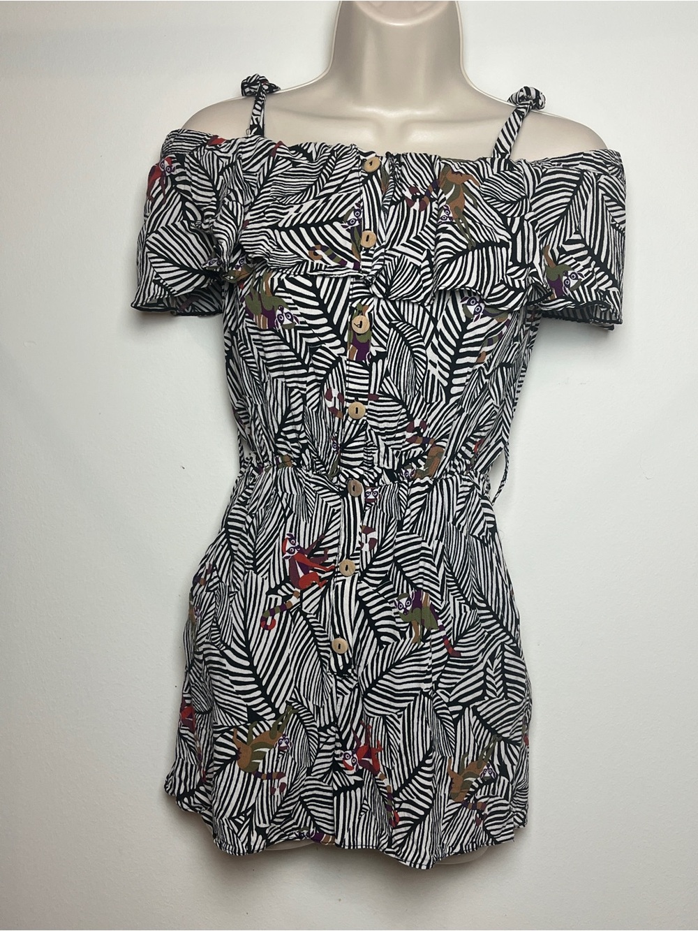 Zara Romper Black and White Striped Lemur Tropical Off the Shoulder Button Down